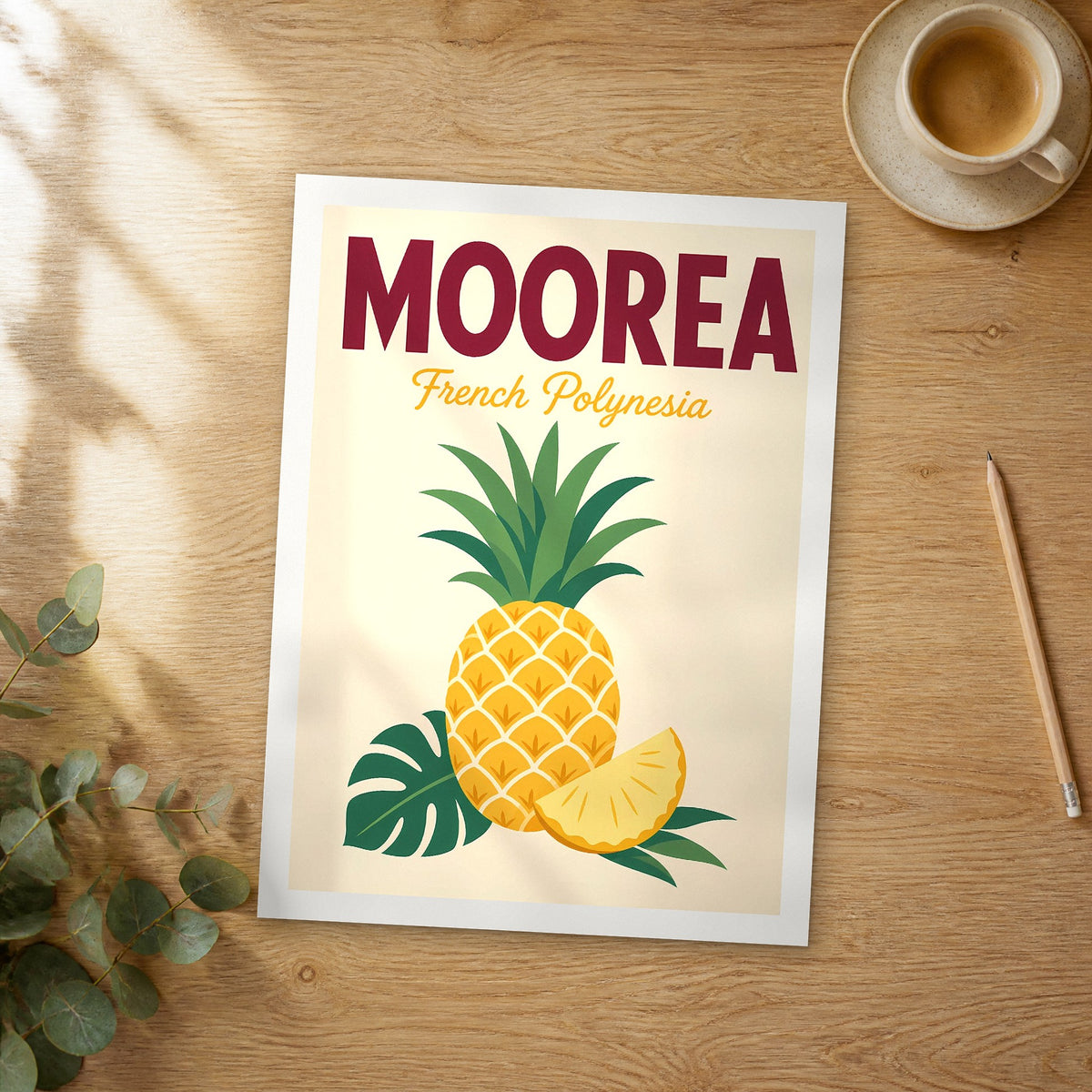 Unframed Moorea pop art travel poster on a wooden table