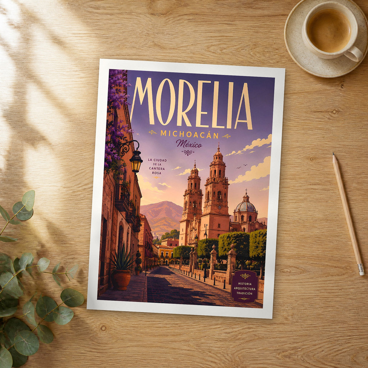 Unframed Morelia retro travel poster on a wooden table