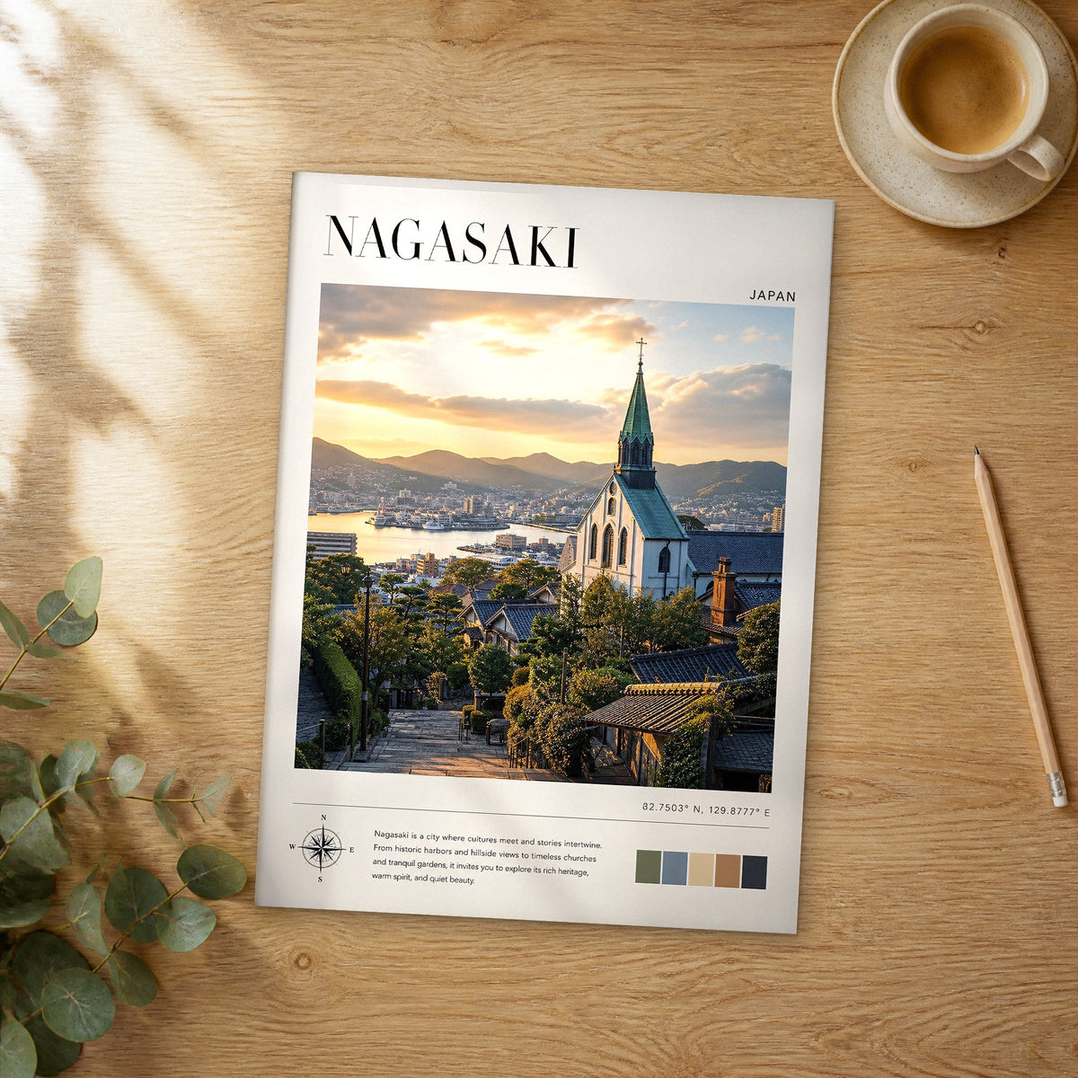Unframed Nagasaki modern photography travel poster on a wooden table