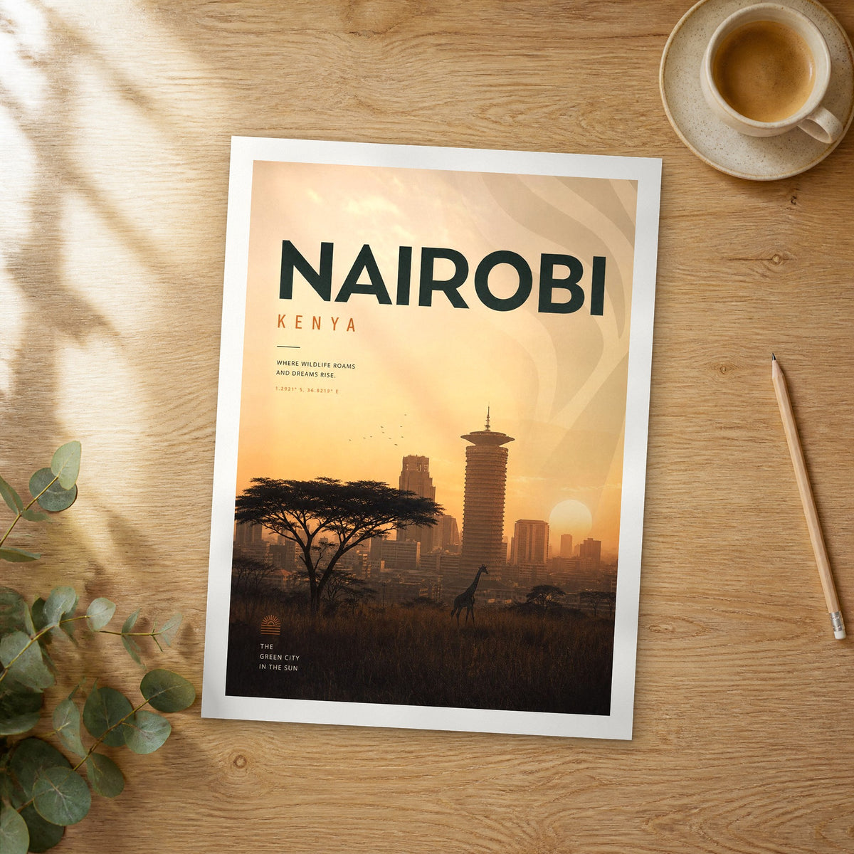 Unframed Nairobi bold typography travel poster on a wooden table