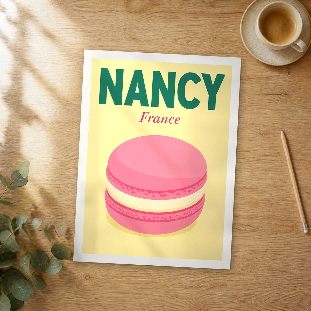 Unframed Nancy pop art travel poster on a wooden table