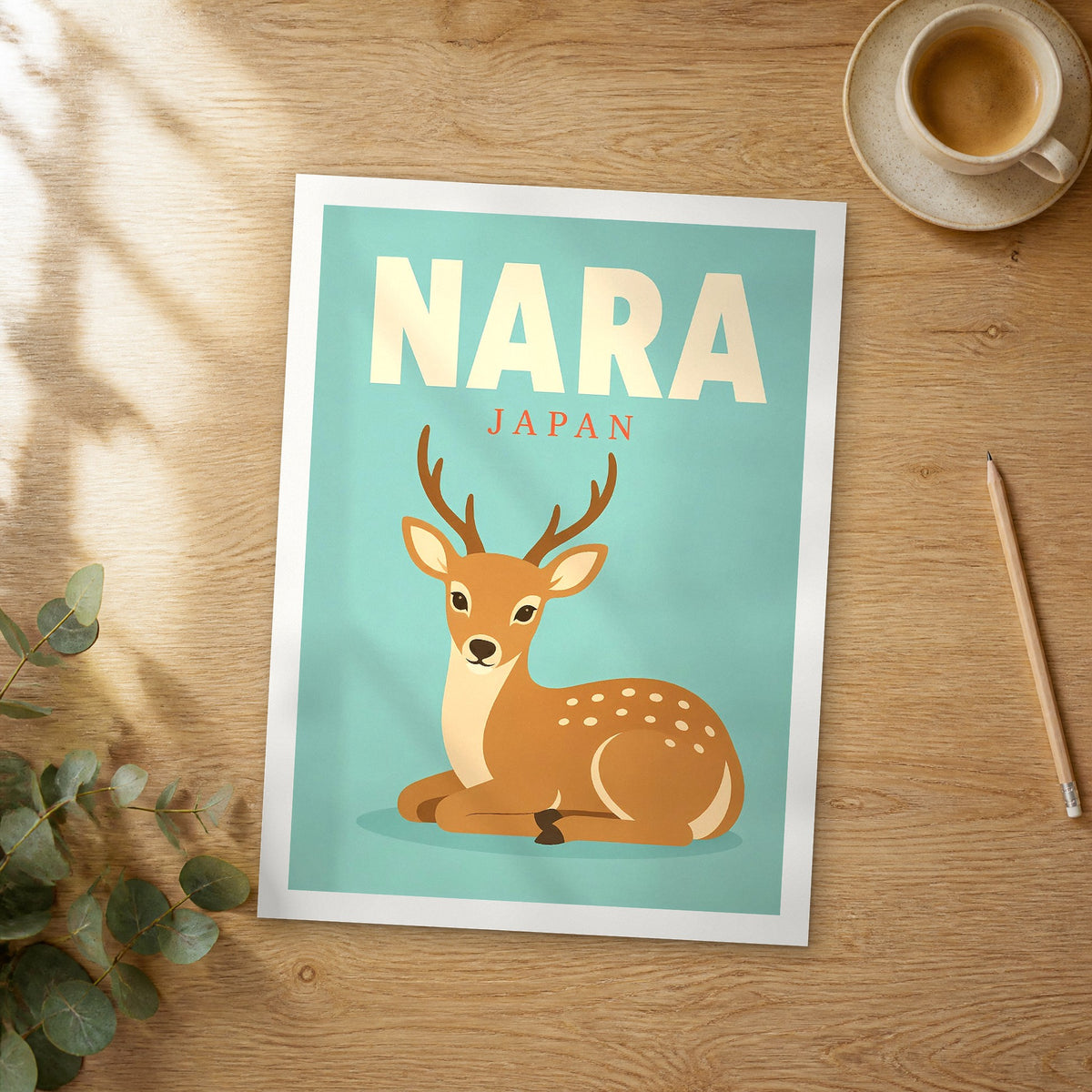 Unframed Nara pop art travel poster on a wooden table