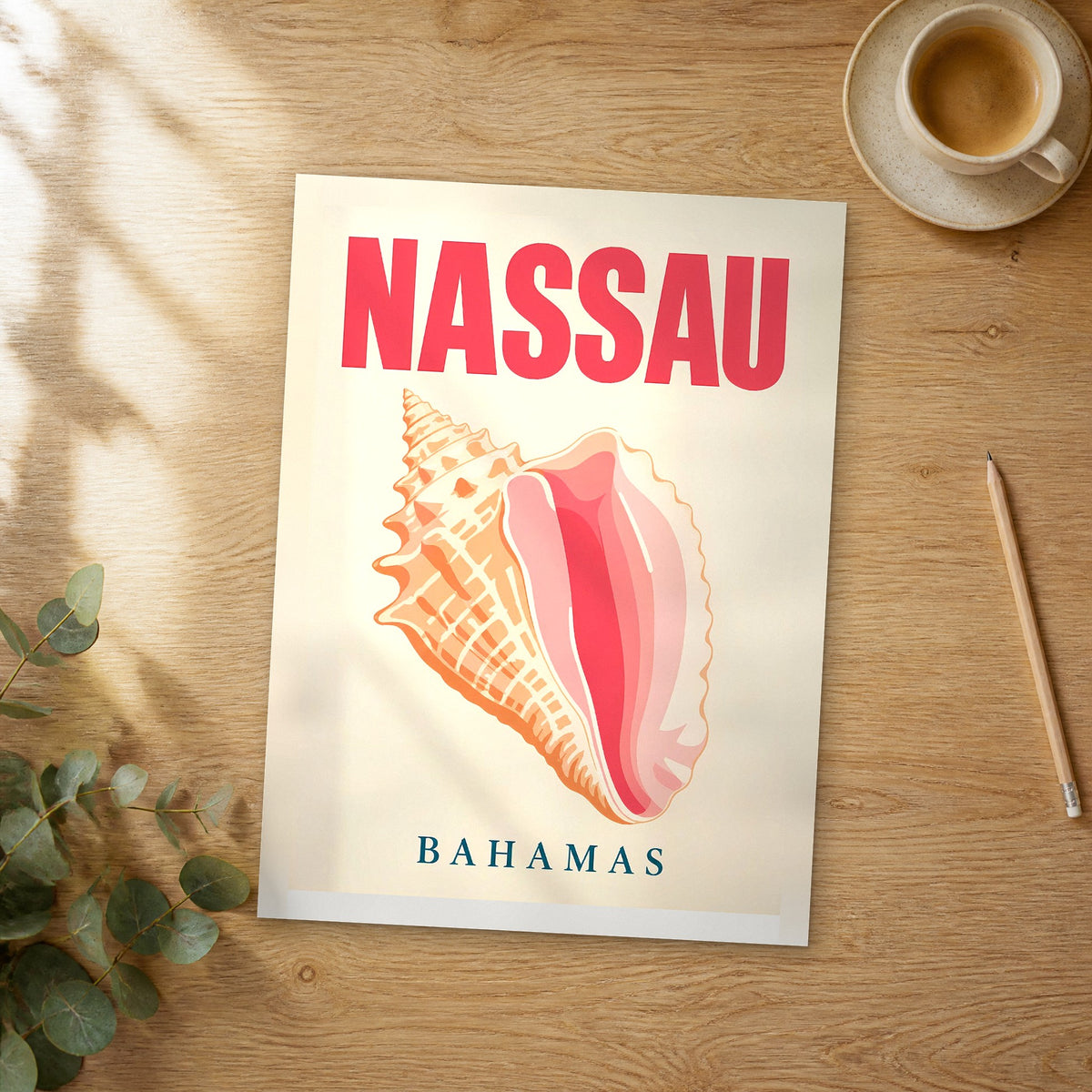 Unframed Nassau pop art travel poster on a wooden table