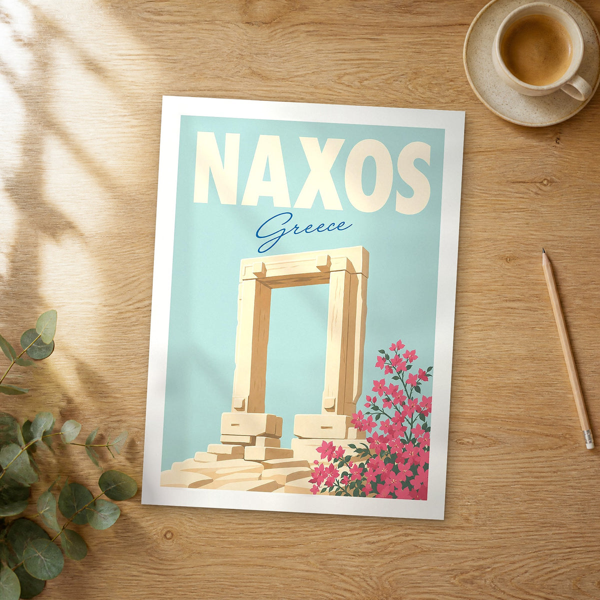 Unframed Naxos pastel pop art travel poster on a wooden table