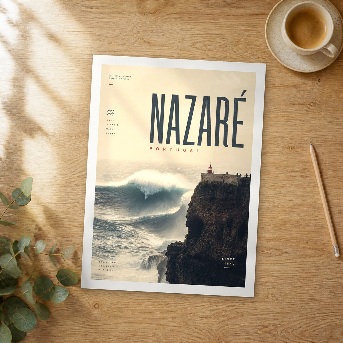 Unframed Nazaré bold typography travel poster on a wooden table