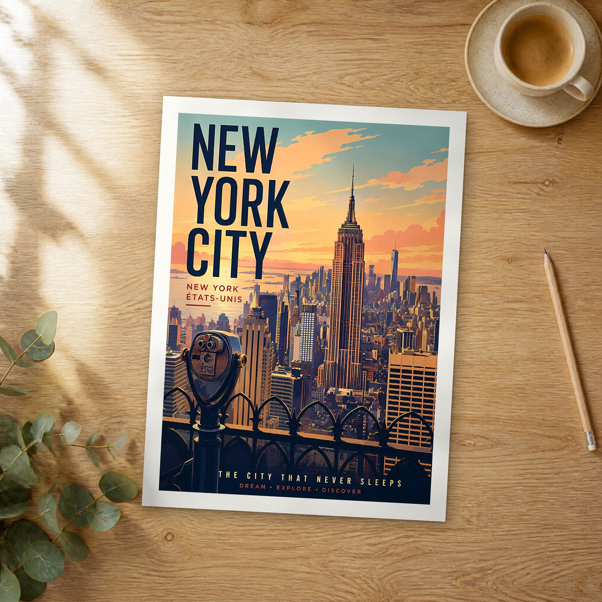 Unframed New York City Observation Deck View retro travel poster on a wooden table