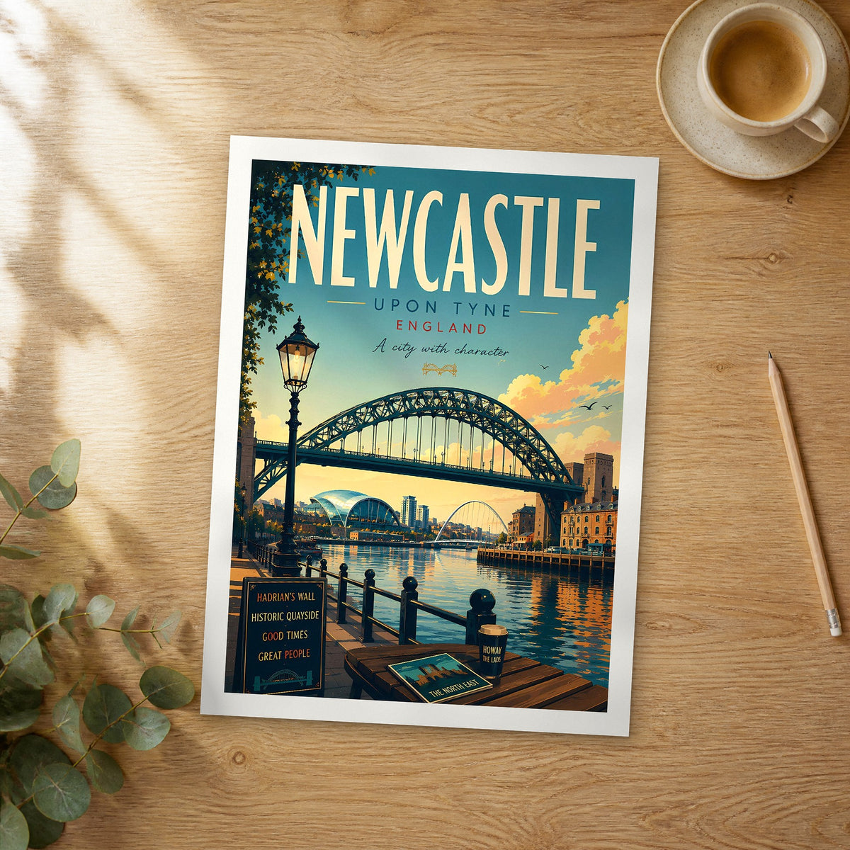Unframed Newcastle retro travel poster on a wooden table