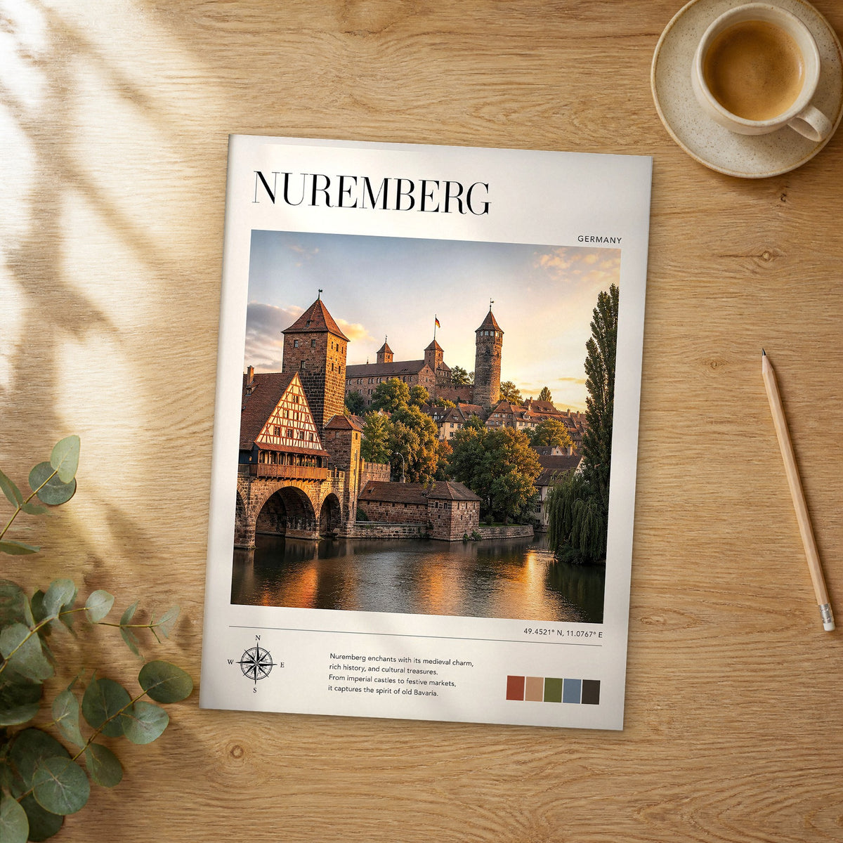 Unframed Nuremberg modern photography travel poster on a wooden table