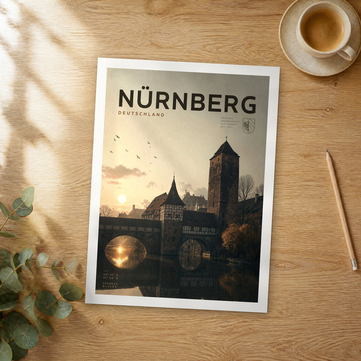 Unframed Nürnberg bold typography travel poster on a wooden table