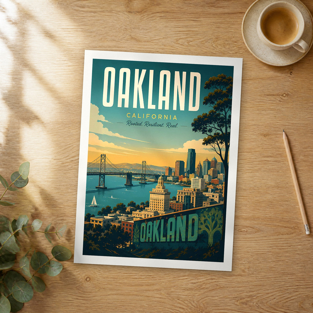Unframed Oakland retro travel poster on a wooden table