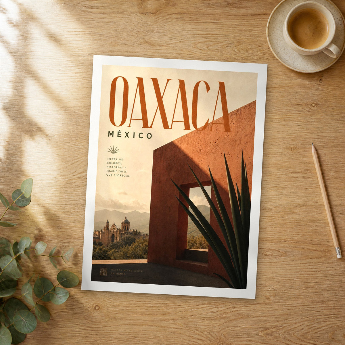 Unframed Oaxaca bold typography travel poster on a wooden table
