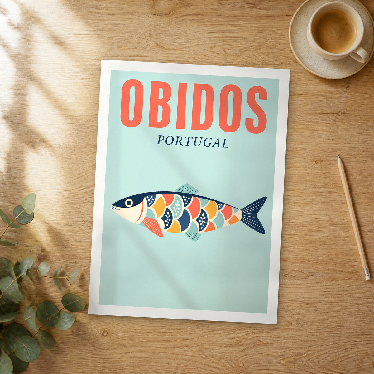 Unframed Obidos pop art travel poster on a wooden table