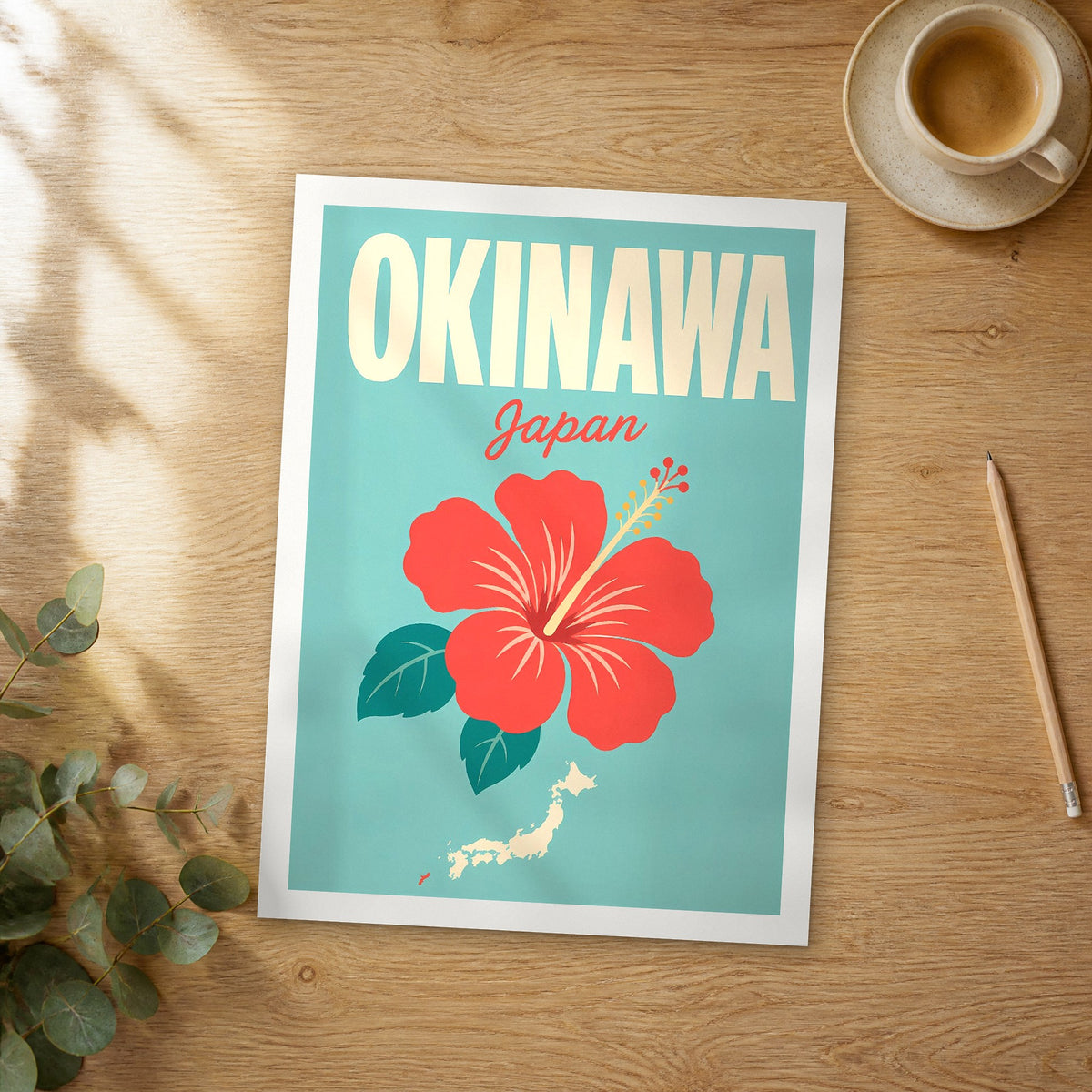 Unframed Okinawa pop art travel poster on a wooden table