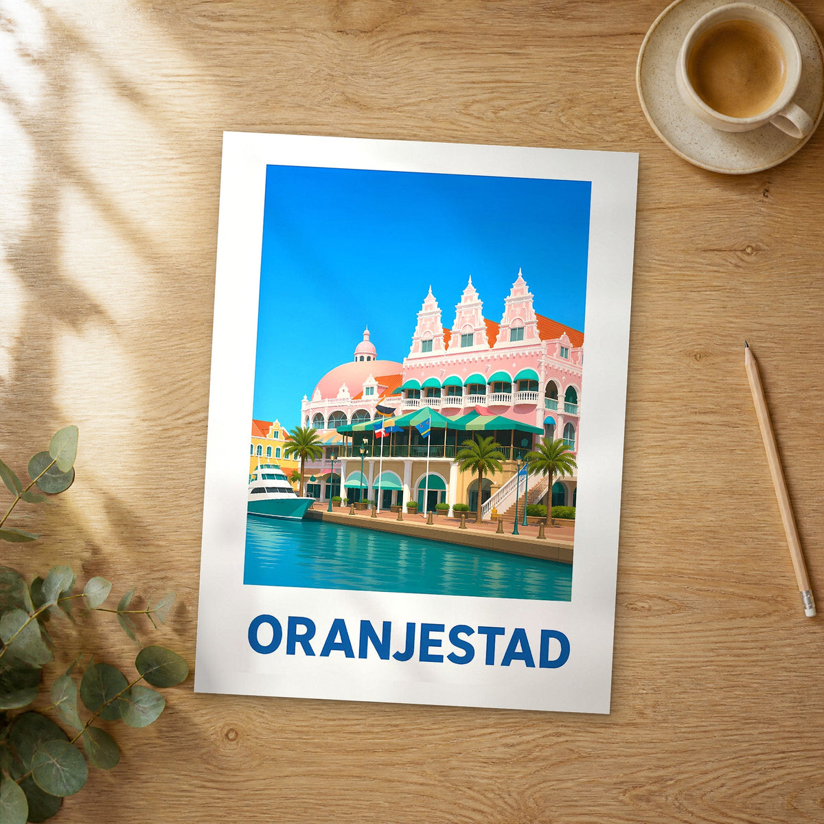 Unframed Oranjestad modern digital travel poster on a wooden table