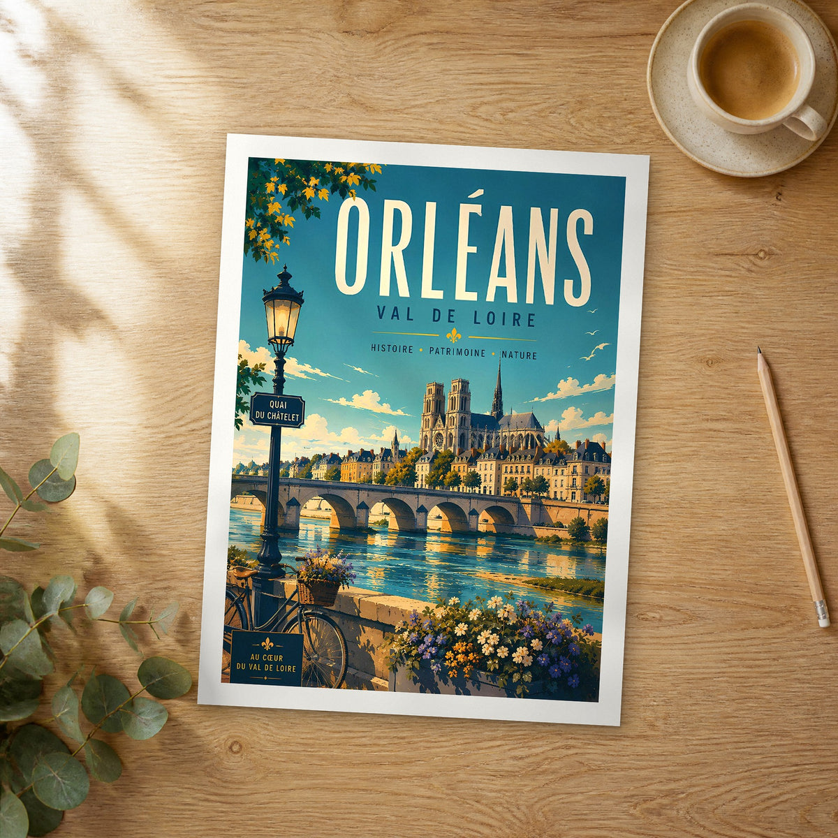 Unframed Orléans retro travel poster on a wooden table