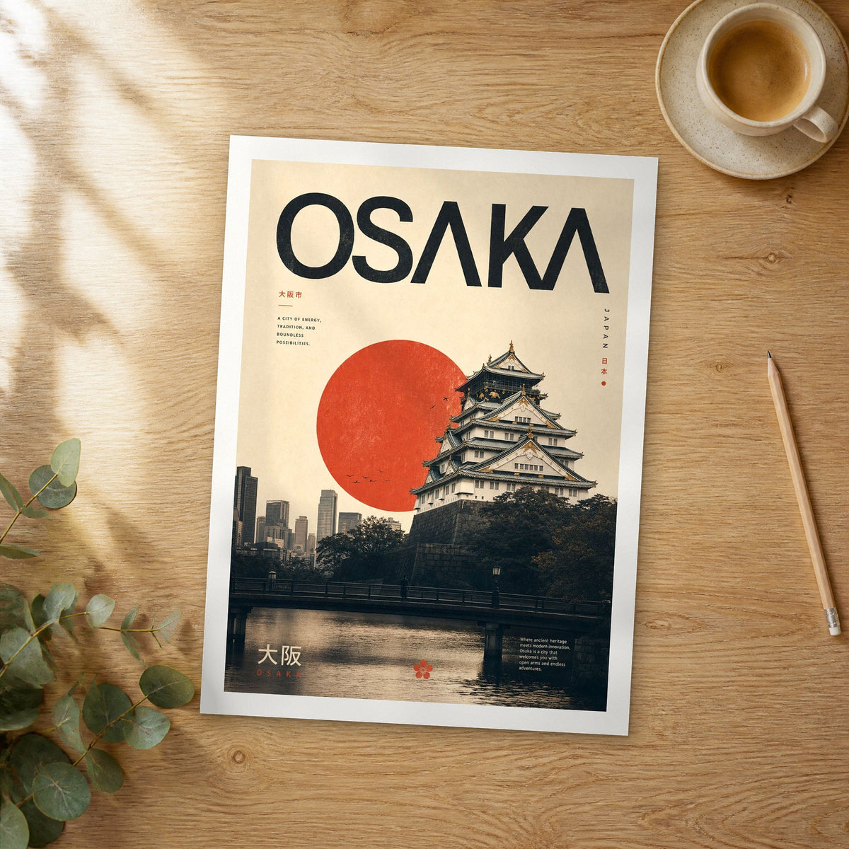 Unframed Osaka bold typography travel poster on a wooden table