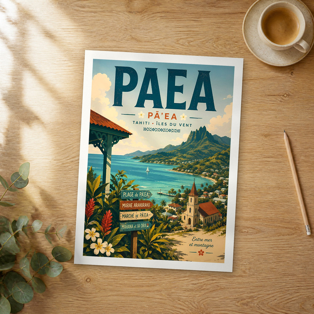 Unframed Paea retro travel poster on a wooden table