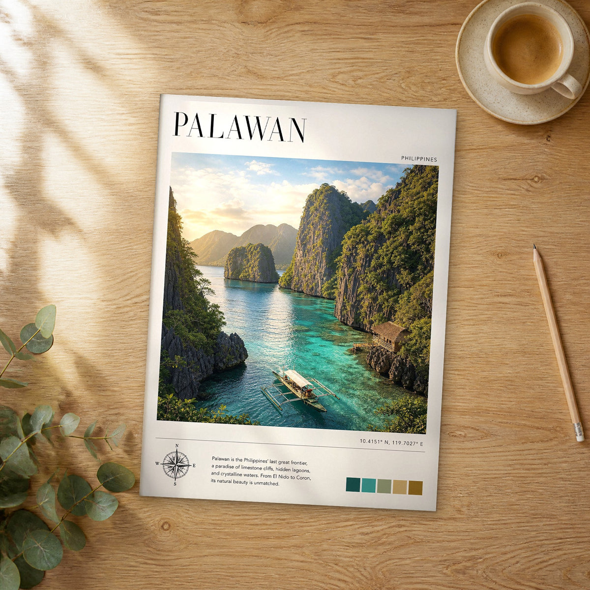 Unframed Palawan modern photography travel poster on a wooden table