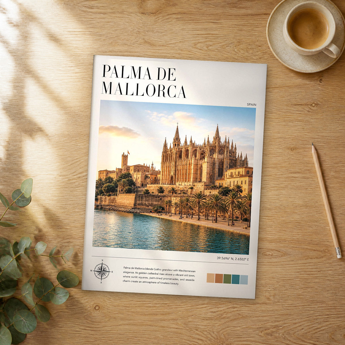 Unframed Palma de Mallorca modern photography travel poster on a wooden table