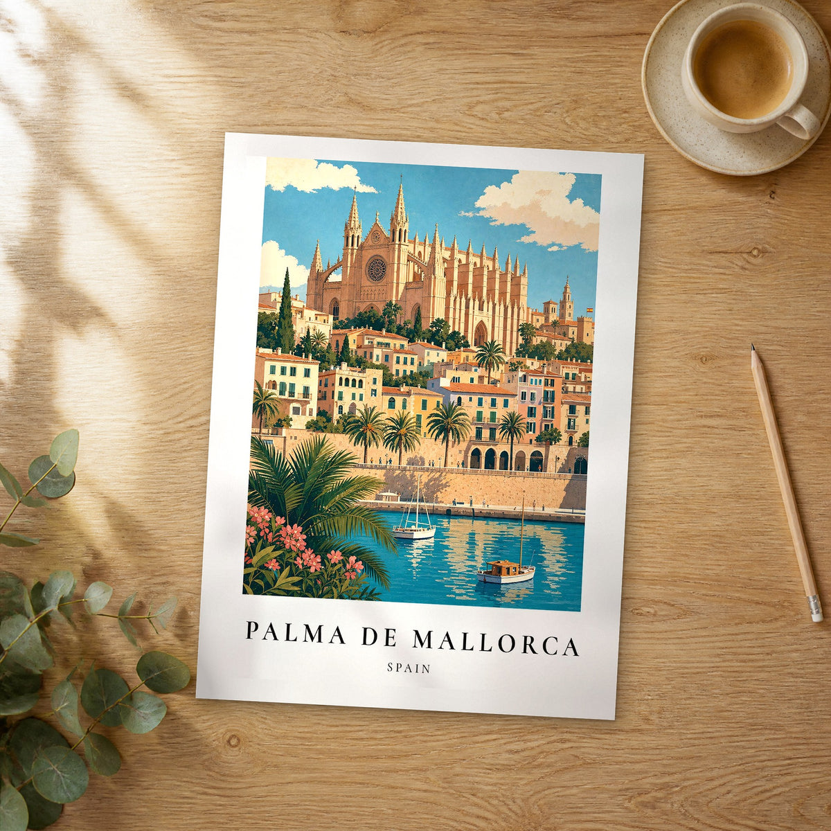 Unframed Palma de Mallorca vintage travel poster on a wooden table