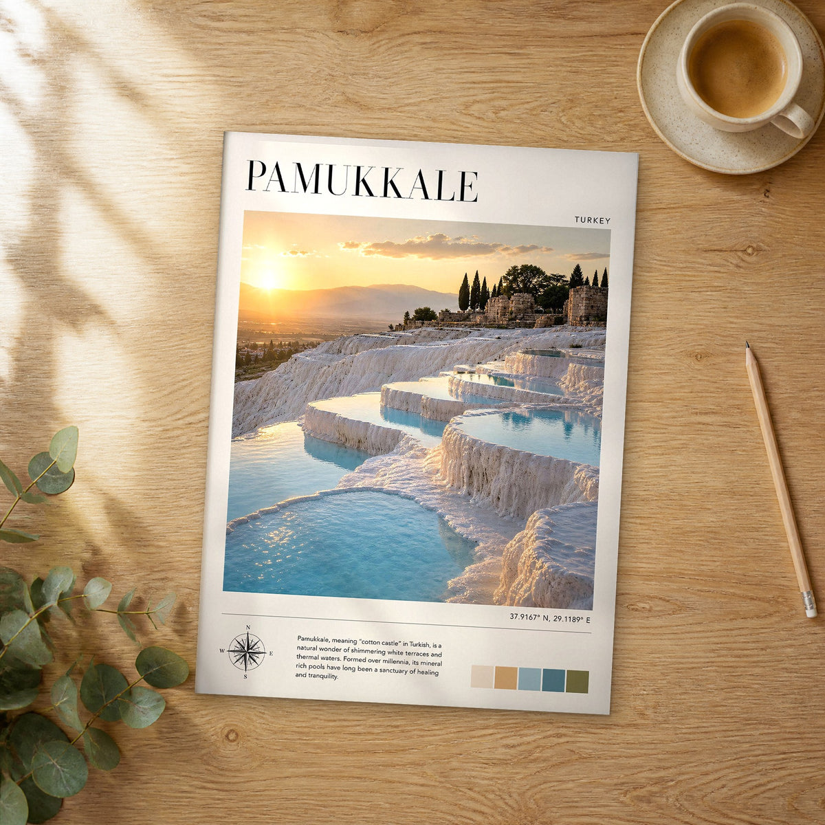 Unframed Pamukkale modern photography travel poster on a wooden table