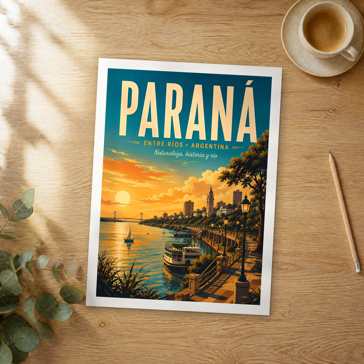 Unframed Paraná retro travel poster on a wooden table