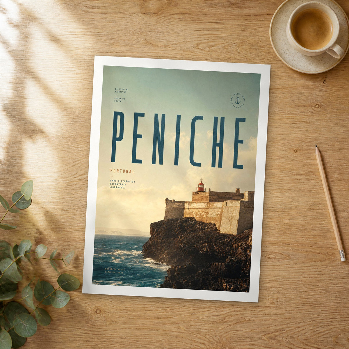 Unframed Peniche bold typography travel poster on a wooden table