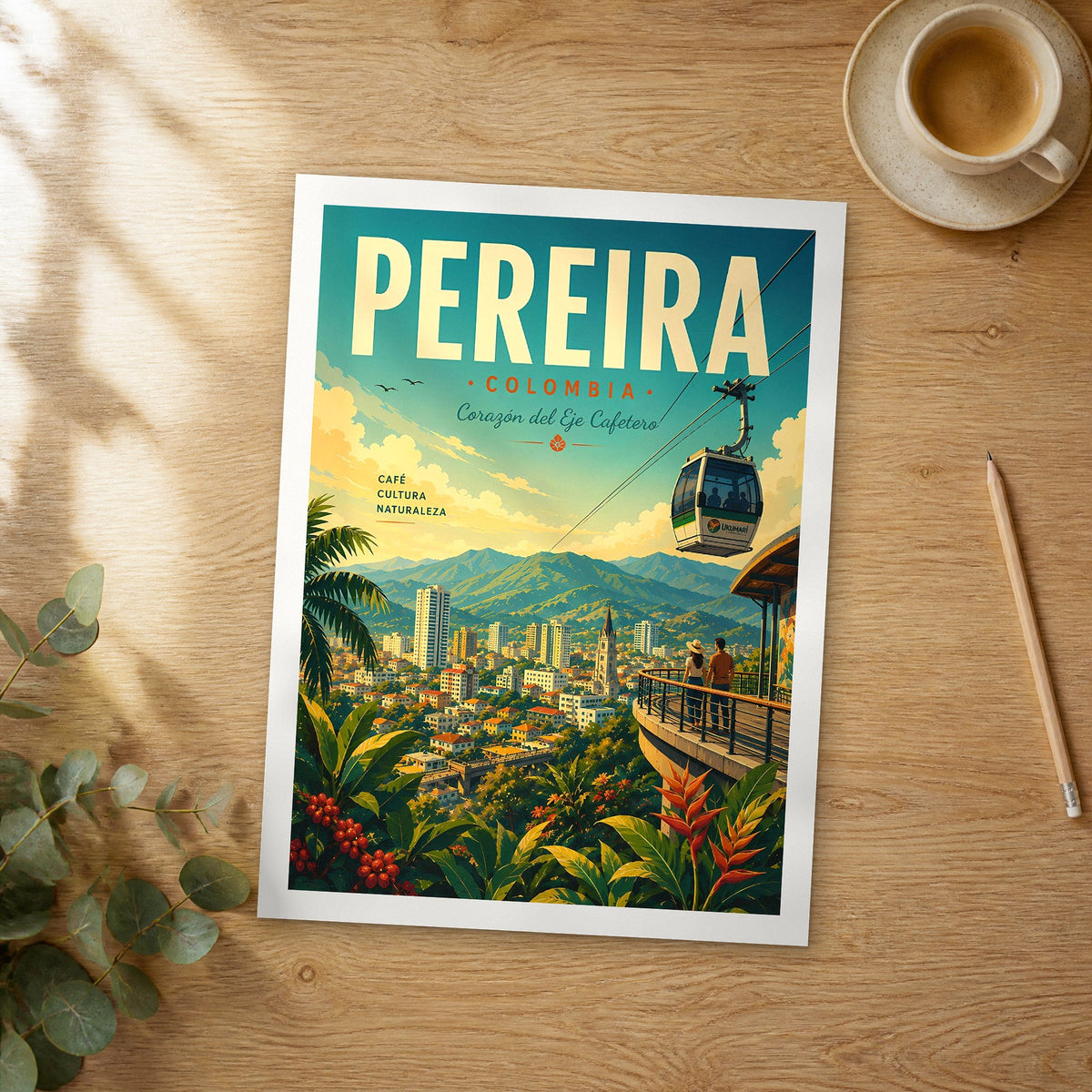 Unframed Pereira Megacable Over City retro travel poster on a wooden table