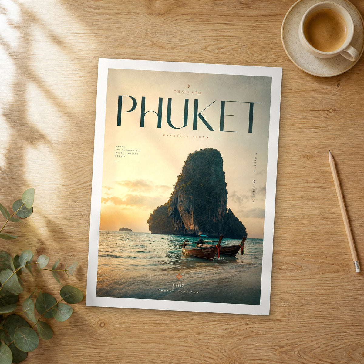 Unframed Phuket bold typography travel poster on a wooden table