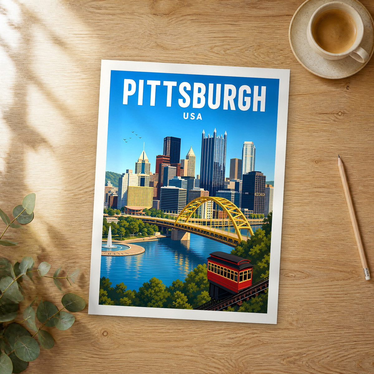 Unframed Pittsburgh vibrant digital travel poster on a wooden table