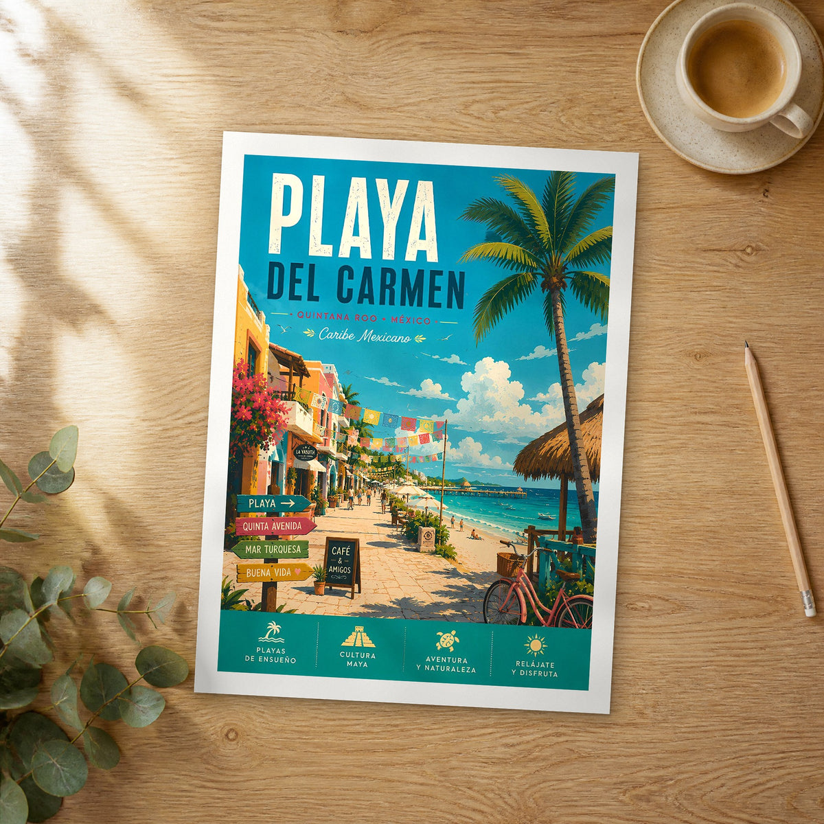 Unframed Playa del Carmen retro travel poster on a wooden table