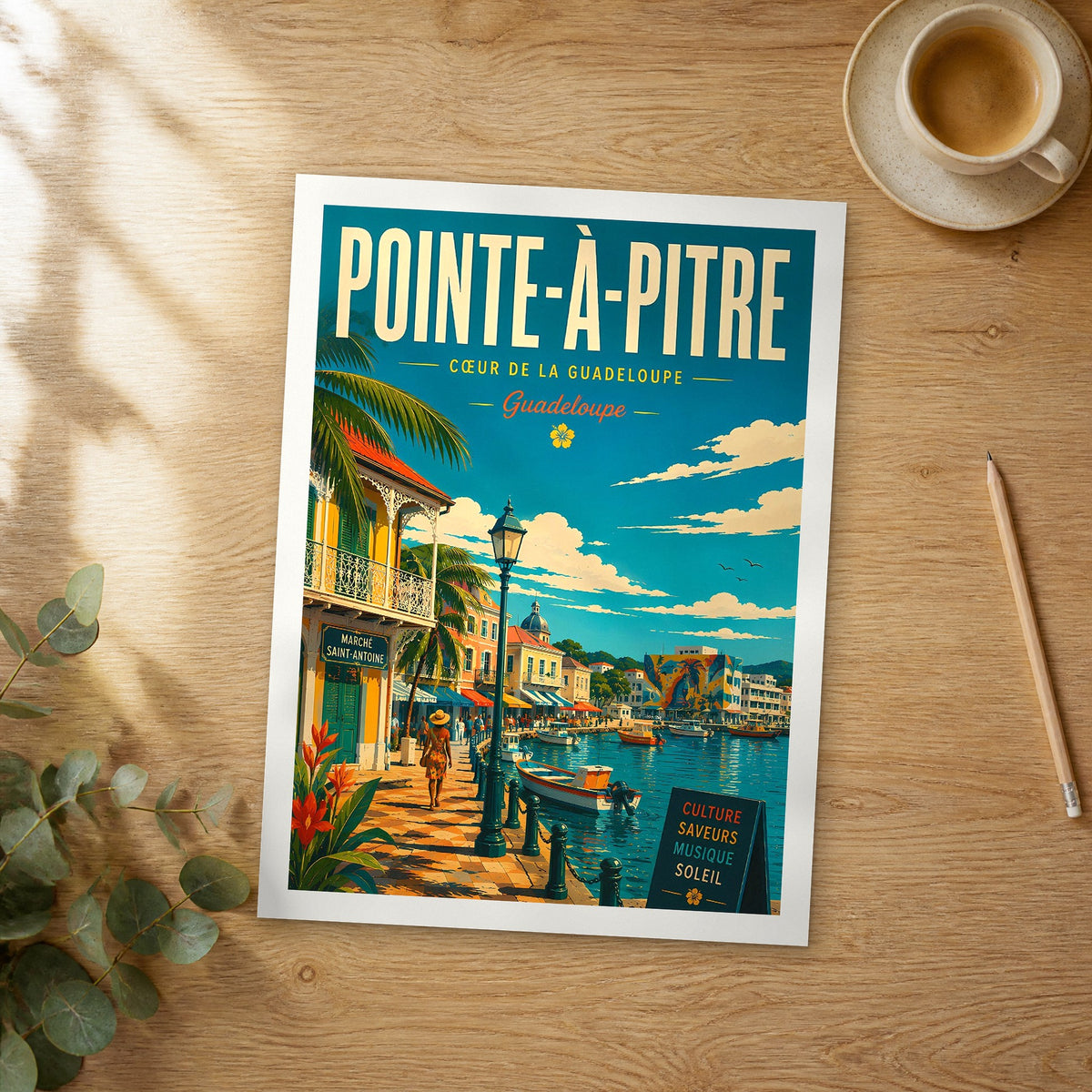 Unframed Pointe-à-Pitre retro travel poster on a wooden table