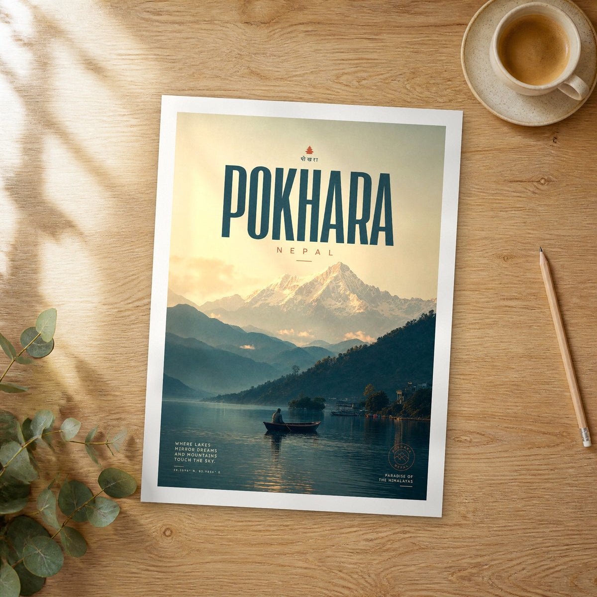 Unframed Pokhara bold typography travel poster on a wooden table