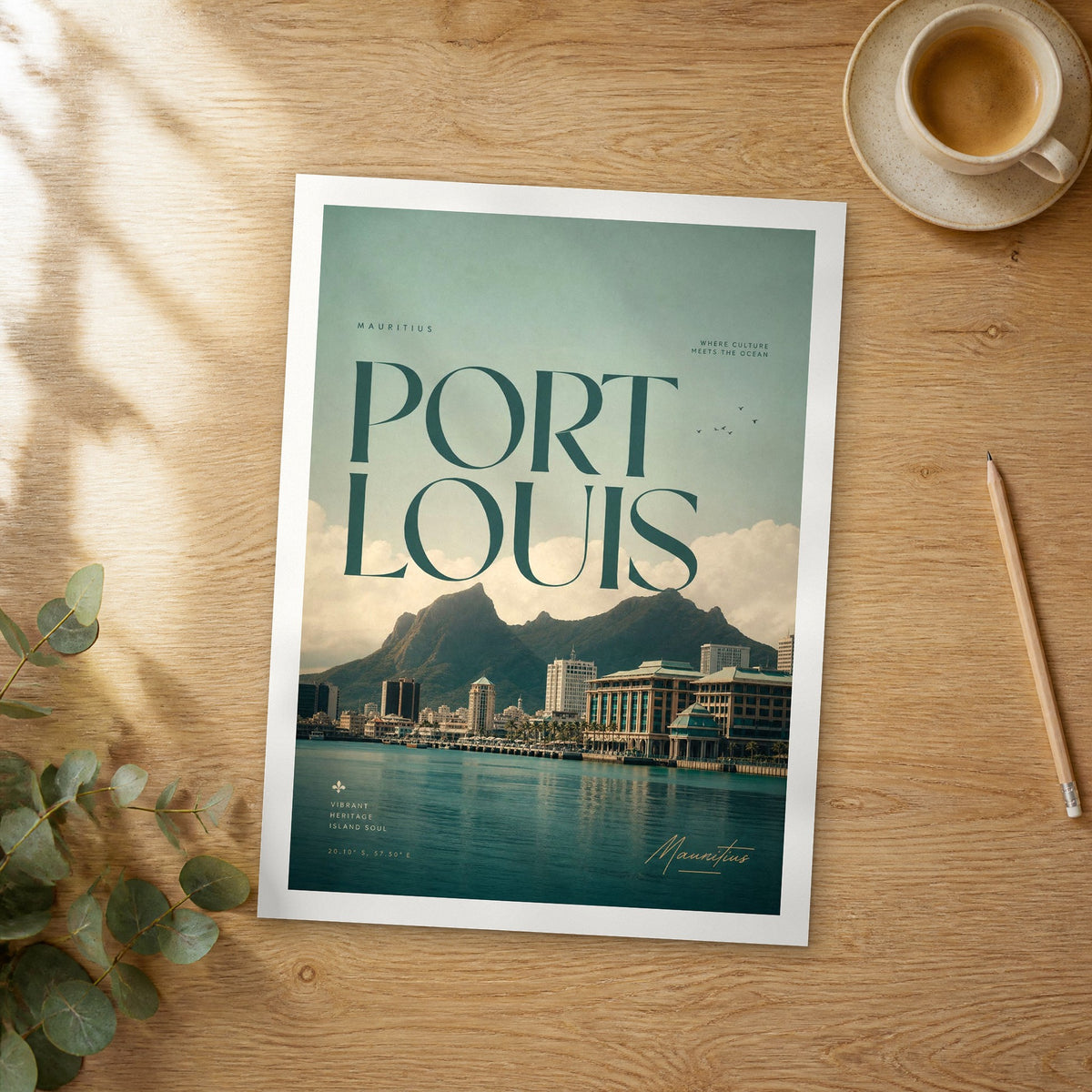 Unframed Port Louis bold typography travel poster on a wooden table