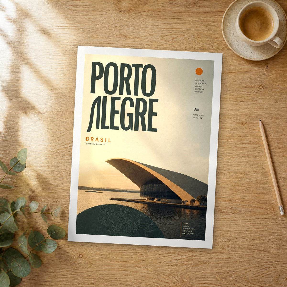 Unframed Porto Alegre Modernist Waterfront Pavilion bold typography travel poster on a wooden table