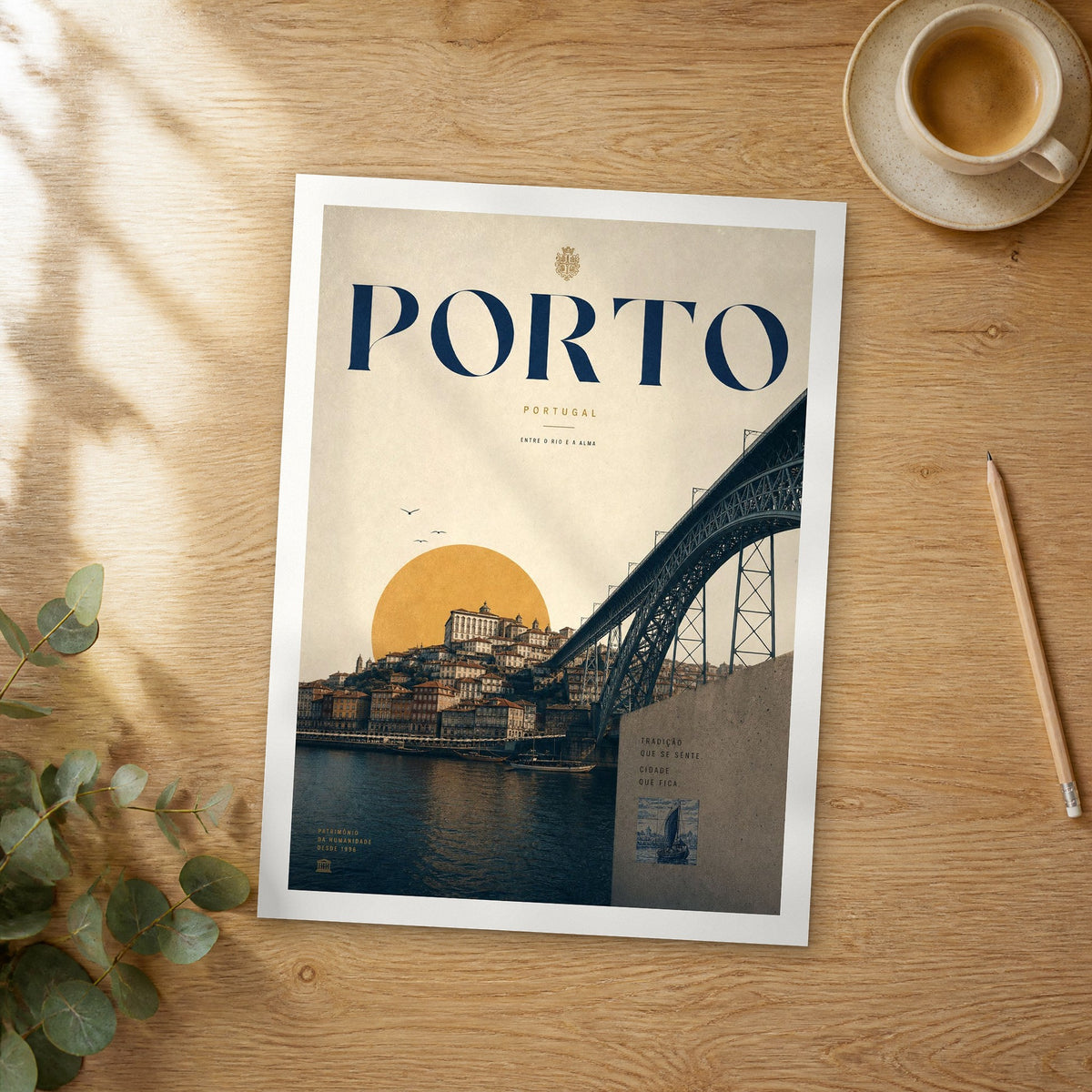 Unframed Porto bold typography travel poster on a wooden table