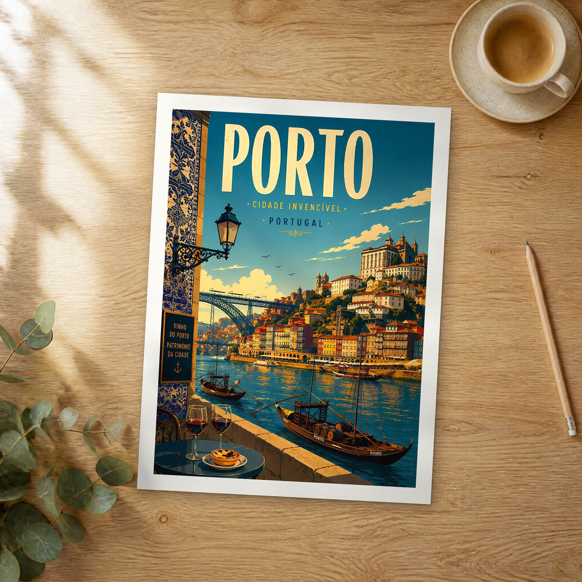 Unframed Porto retro travel poster on a wooden table