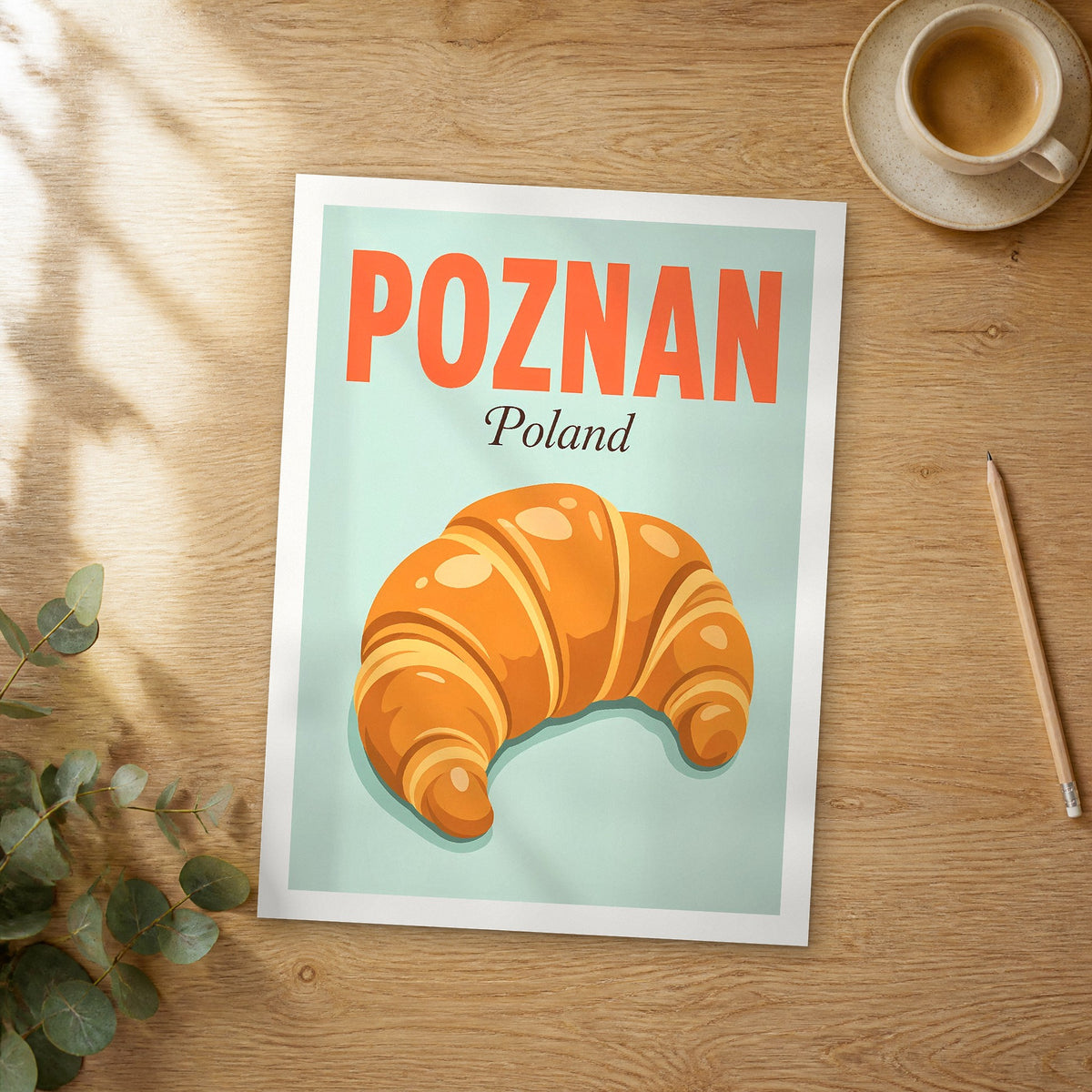 Unframed Poznan pop art travel poster on a wooden table