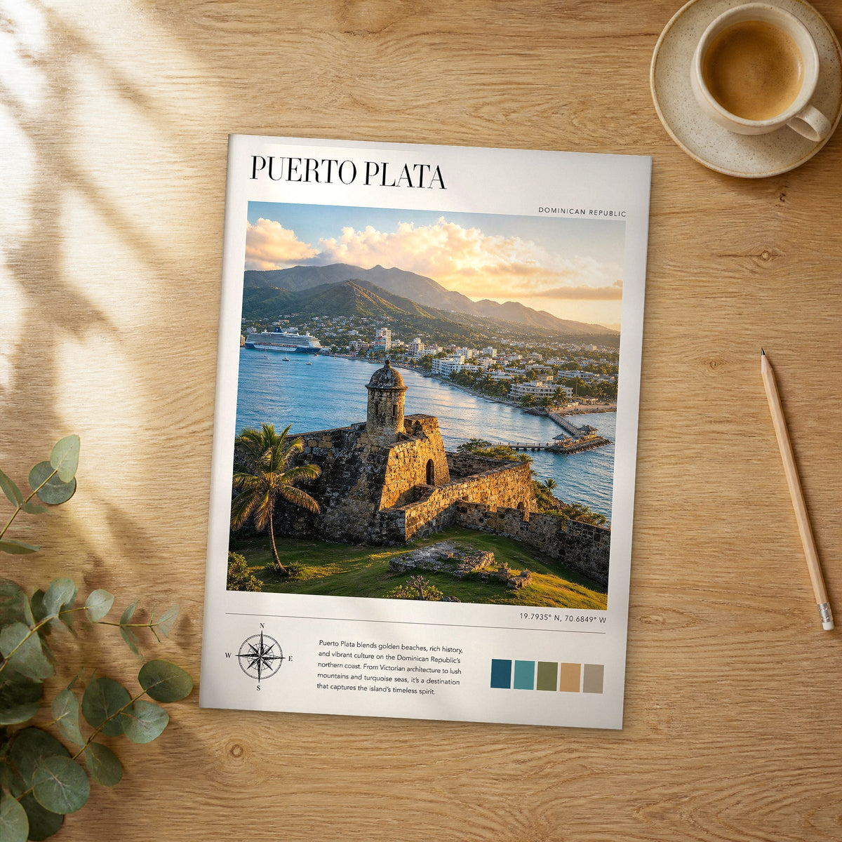 Unframed Puerto Plata modern photography travel poster on a wooden table