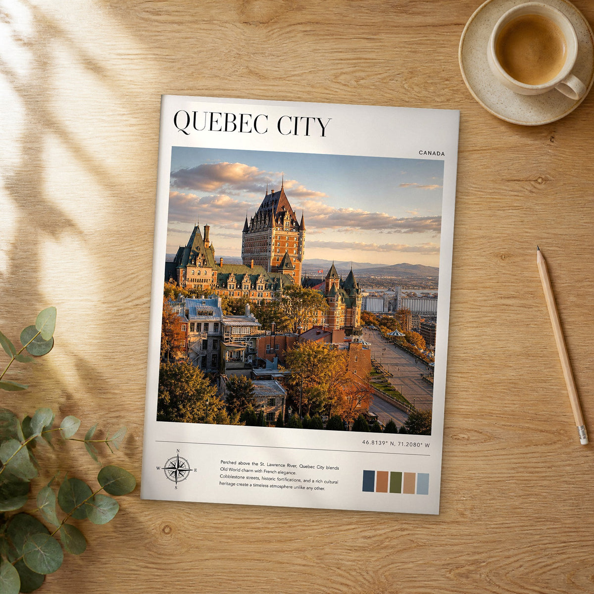 Unframed Quebec City modern photography travel poster on a wooden table