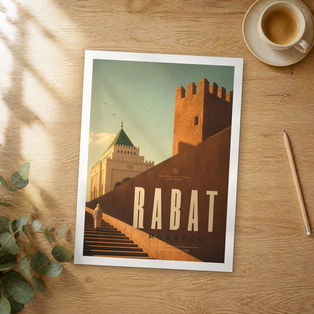 Unframed Rabat bold typography travel poster on a wooden table