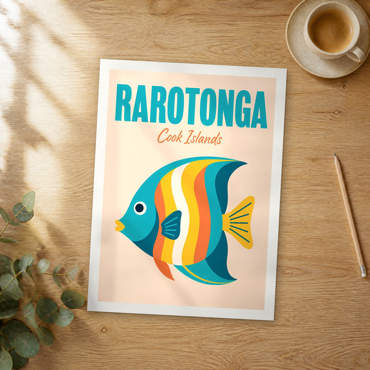 Unframed Rarotonga pop art travel poster on a wooden table