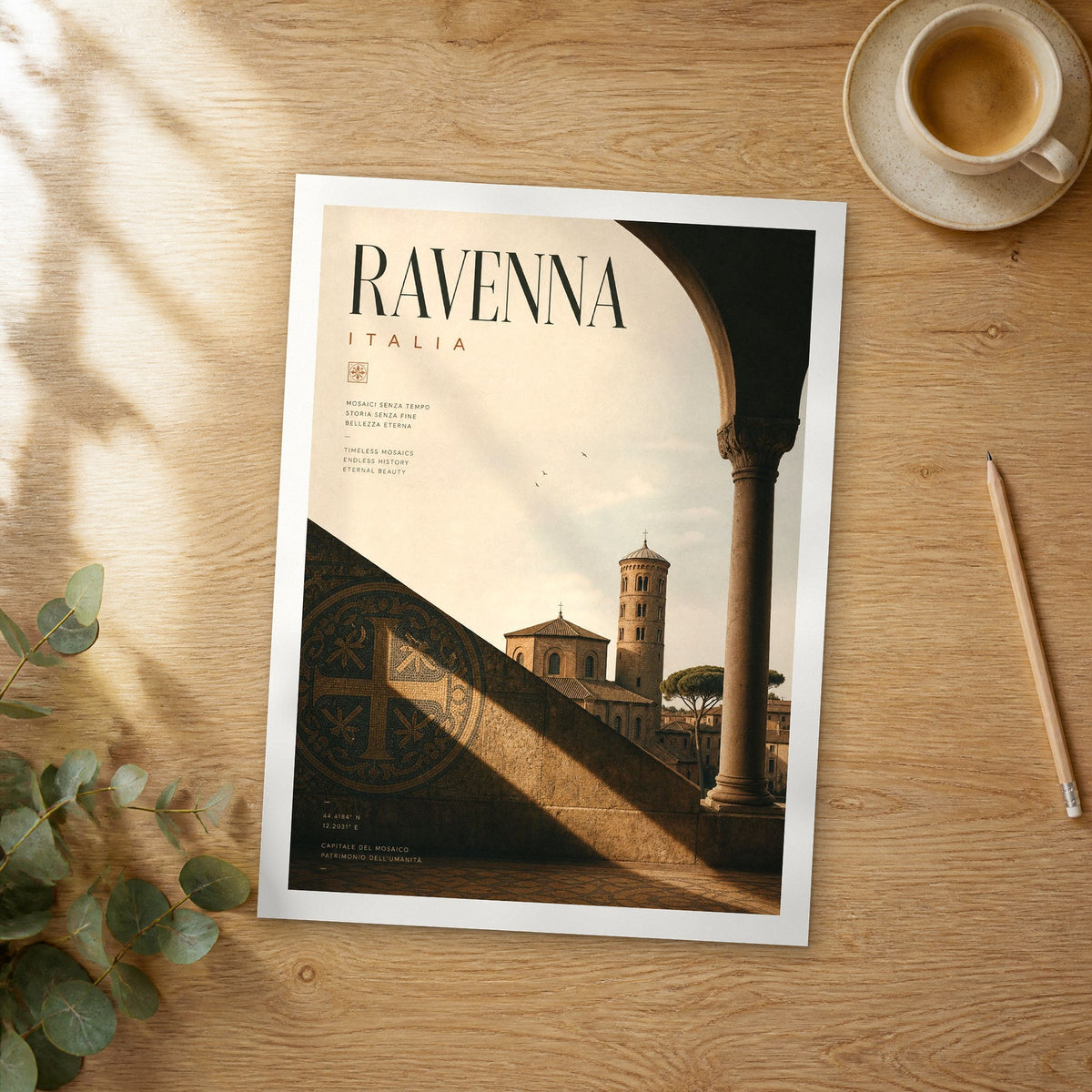 Unframed Ravenna bold typography travel poster on a wooden table