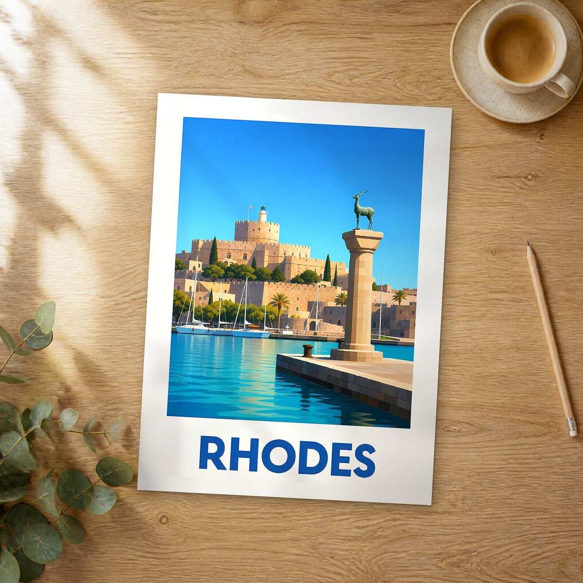 Unframed Rhodes modern digital travel poster on a wooden table