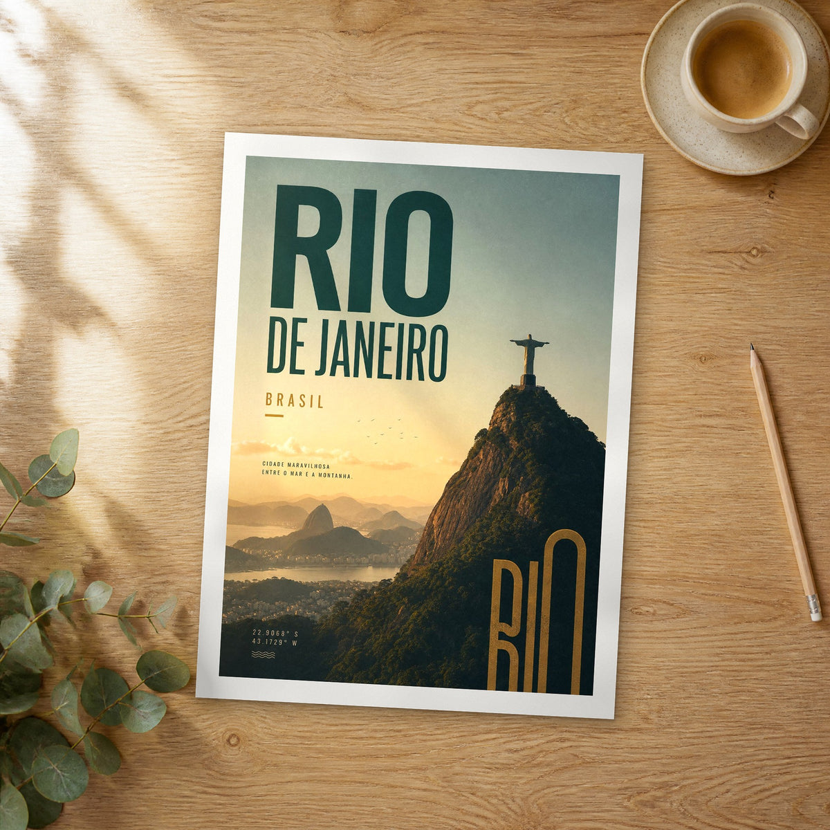 Unframed Rio de Janeiro Christ the Redeemer bold typography travel poster on a wooden table