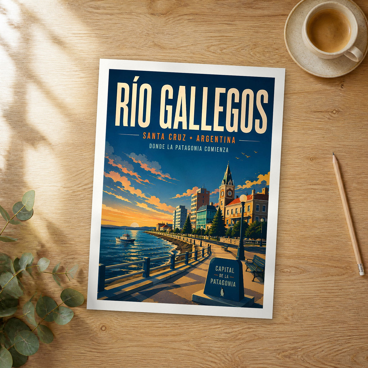 Unframed Río Gallegos retro travel poster on a wooden table