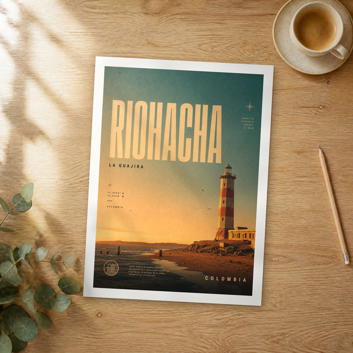 Unframed Riohacha bold typography travel poster on a wooden table