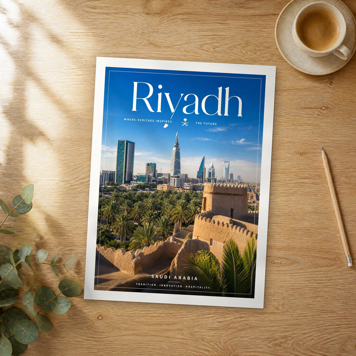 Unframed Riyadh editorial travel poster on a wooden table