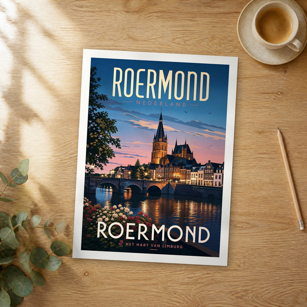 Unframed Roermond retro travel poster on a wooden table