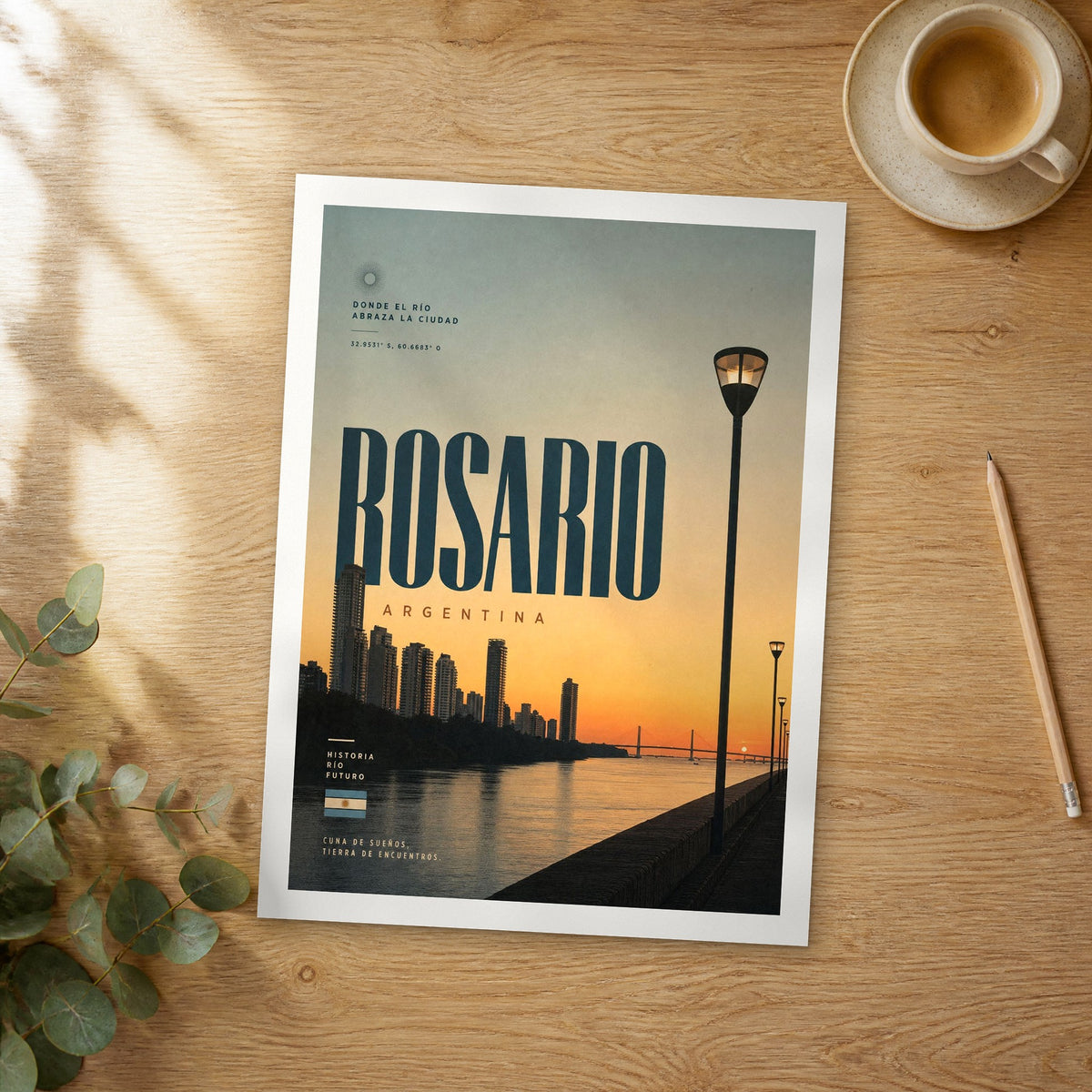 Unframed Rosario bold typography travel poster on a wooden table